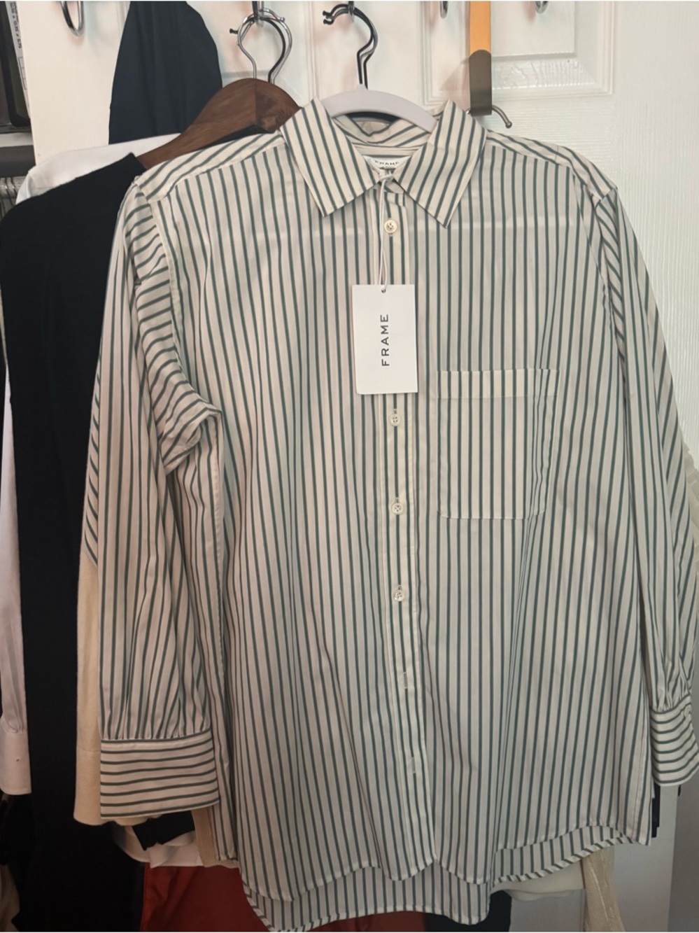 Women’s frame Green and White Vertical Stripe Button-Down Shirt